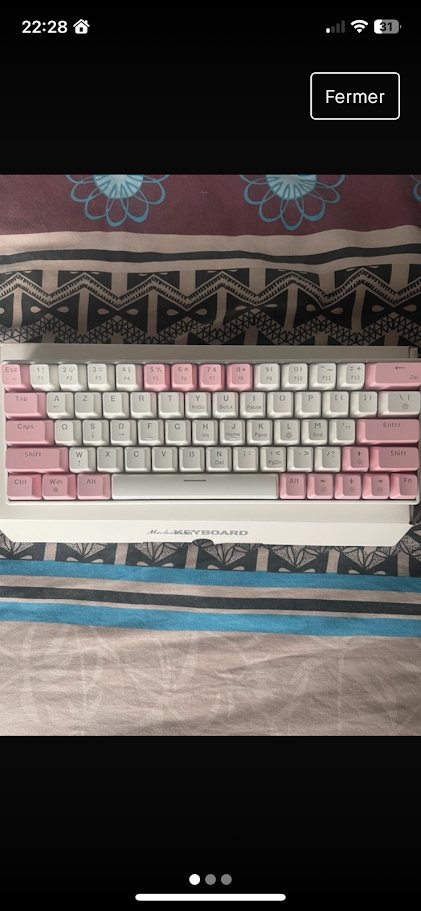 L'annonce telle que je l'ai trouvée : photo au flash, clavier posé sur un lit.